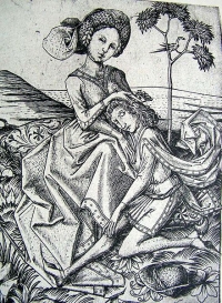 Delila schert Simson die Haare, Kupferstich von Meister E.S. 1460/1465