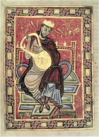  König David aus dem Egbert-Psalter mit einer Leier. Buchmalerei um 980