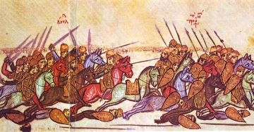 Zar Simeon schlägt die Byzantiner bei Acheloj, Madrider Kopie der Chronik von Joan Skilitsa.