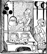 Küche mit Kachelofen, aus: Kuchenmaistrey, erstmals erschieben 1485 bei Peter Wagner. Abbildung aus der Ausgabe von Johannes Fischauer, Augsburg 1505