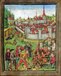 Anna Vögtli aus Bischoffingen (Breisgau) wurde vor den Mauern von Willisau als angebliche Hexe verbrannt. Sie soll geweihte Hostien gestohlen haben. Luzerner Bilderchronik von Diepold Schilling 1513