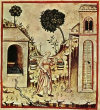 Eine Frau trägt Wasser vom Brunnen ins Haus, Tacuinum Sanitatis, 15. Jahrhundert aus Wikipedia