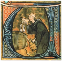 Ein Mönch probiert Wein, Illumination from a copy of Li livres dou santé by Aldobrandino of Siena aus Wikipedia