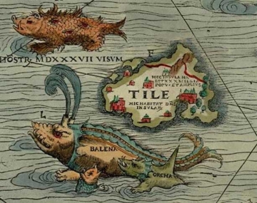 Die Insel „Thule“ in der Carta Marina aus dem Jahre 1539. Erstellt von Olaus Magnus (1490-1557).